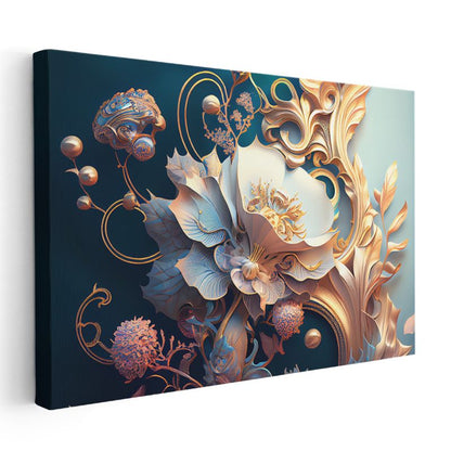 Mermer Çiçekleri - Altın Yapraklı Beyaz Zarafet Kanvas Tablo