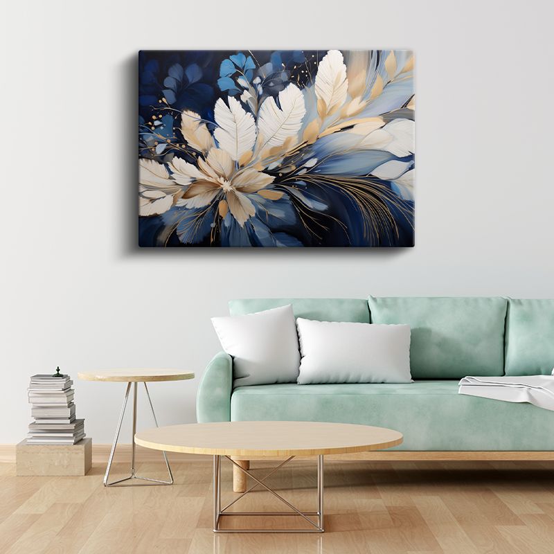 Beyaz Papatya - Mavi ve Altın Detaylı Sanatsal Kompozisyon Kanvas Tablo