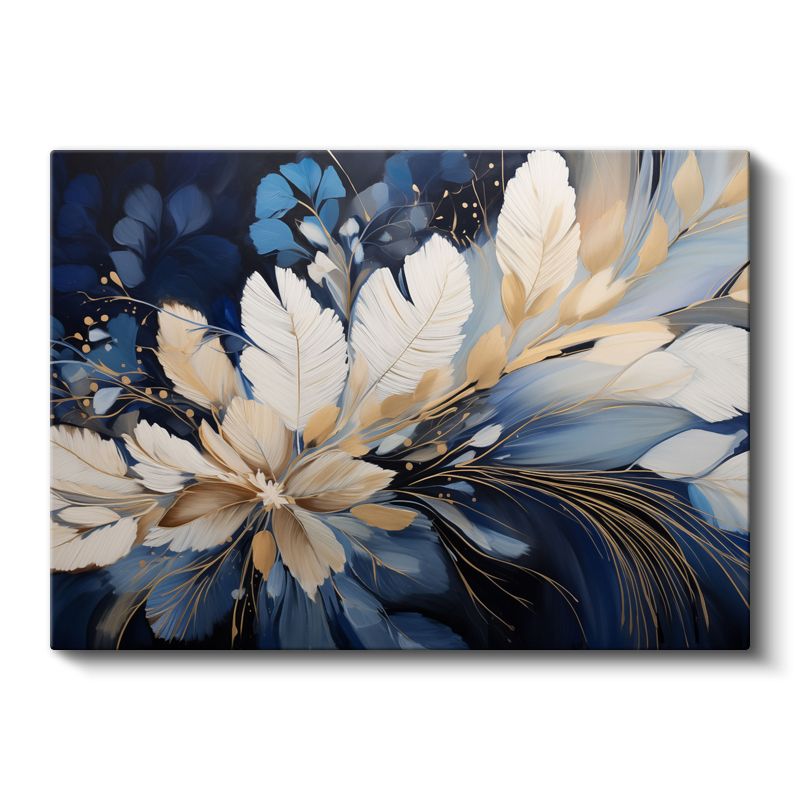Beyaz Papatya - Mavi ve Altın Detaylı Sanatsal Kompozisyon Kanvas Tablo