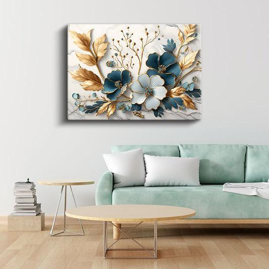 Zarif Çiçekler - Altın Detaylı Mavi ve Mor Çiçek Kompozisyonu Kanvas Tablo