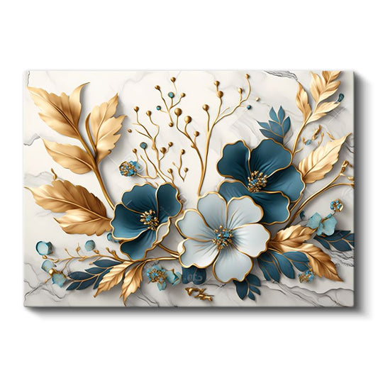 Zarif Çiçekler - Altın Detaylı Mavi ve Mor Çiçek Kompozisyonu Kanvas Tablo
