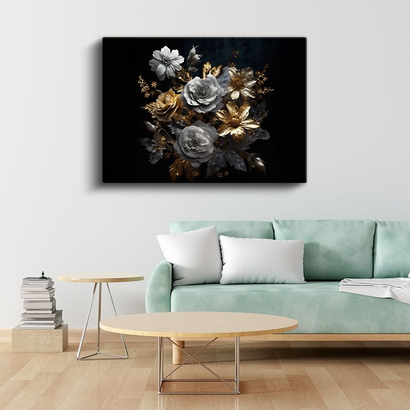 Beyaz Çiçek - Altın Vurgulu Minimalist Çiçek Sanatı Kanvas Tablo