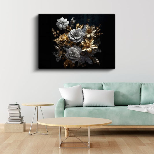 Beyaz Çiçek - Altın Vurgulu Minimalist Çiçek Sanatı Kanvas Tablo