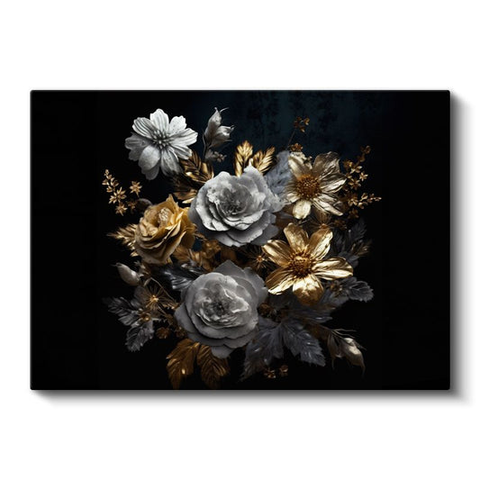 Beyaz Çiçek - Altın Vurgulu Minimalist Çiçek Sanatı Kanvas Tablo