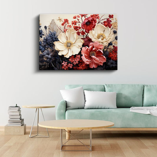 Turkuaz Çiçekler - Altın Detaylı Beyaz Çiçek Kompozisyonu Kanvas Tablo