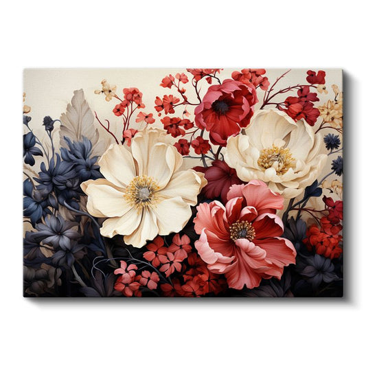 Turkuaz Çiçekler - Altın Detaylı Beyaz Çiçek Kompozisyonu Kanvas Tablo