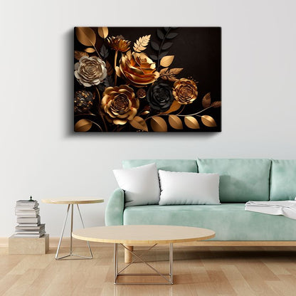 Kırmızı Beyaz Çiçek - Altın Detaylı Dramatik Çiçek Portresi Kanvas Tablo