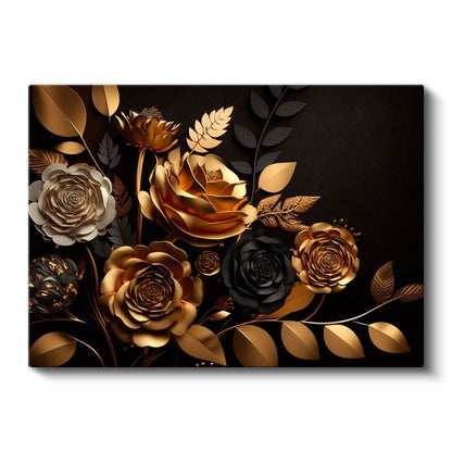 Kırmızı Beyaz Çiçek - Altın Detaylı Dramatik Çiçek Portresi Kanvas Tablo