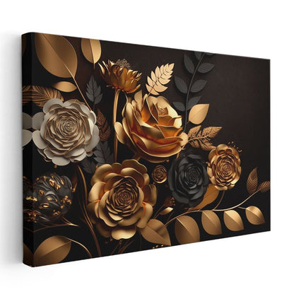 Kırmızı Beyaz Çiçek - Altın Detaylı Dramatik Çiçek Portresi Kanvas Tablo