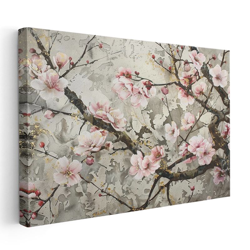 Ay Işığında Çiçekler - Altın Detaylı Gece Bahçesi Kanvas Tablo