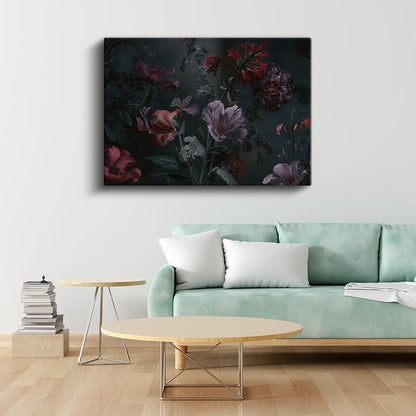 Lacivert Çiçek - Altın Yapraklı Lüks Çiçek Tasarımı Kanvas Tablo