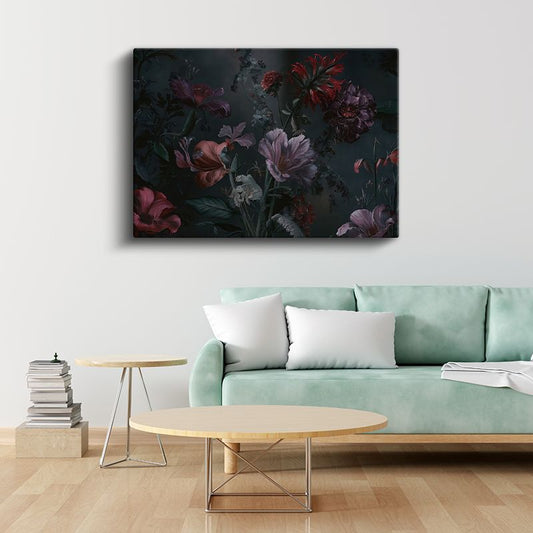 Lacivert Çiçek - Altın Yapraklı Lüks Çiçek Tasarımı Kanvas Tablo