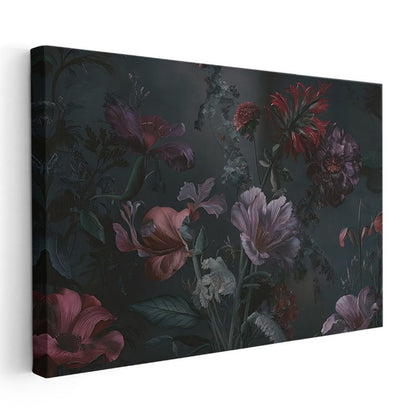 Lacivert Çiçek - Altın Yapraklı Lüks Çiçek Tasarımı Kanvas Tablo