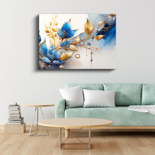 Beyaz Manolya - Turkuaz Fonda Zarif Çiçek Dalları Kanvas Tablo