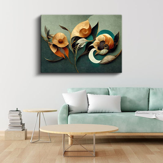 Pastel Çiçekler - Mavi ve Bej Tonlu Çiçek Kompozisyonu Kanvas Tablo