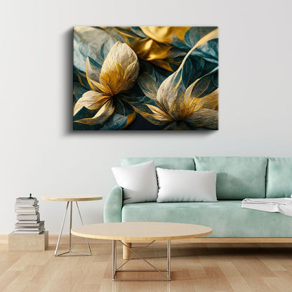 Dumanlı Çiçekler - Turuncu Yapraklı Beyaz Çiçek Dalları Kanvas Tablo