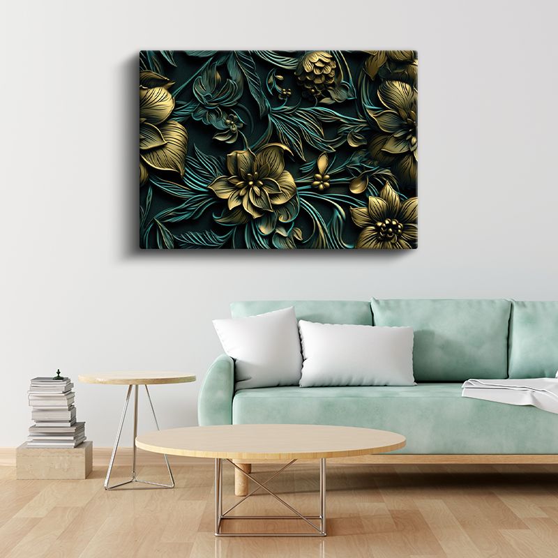 Mavi Altın Yapraklar - Zarif Çiçek ve Yaprak Kompozisyonu Kanvas Tablo