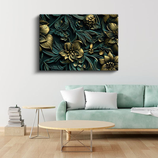 Mavi Altın Yapraklar - Zarif Çiçek ve Yaprak Kompozisyonu Kanvas Tablo