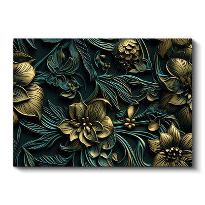 Mavi Altın Yapraklar - Zarif Çiçek ve Yaprak Kompozisyonu Kanvas Tablo