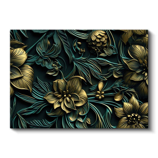Mavi Altın Yapraklar - Zarif Çiçek ve Yaprak Kompozisyonu Kanvas Tablo