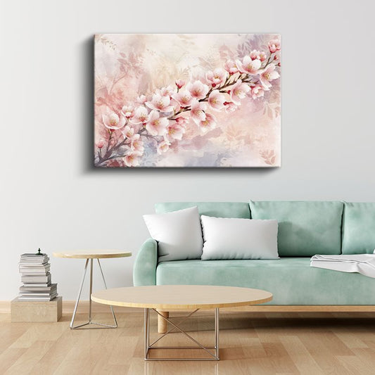 Mavi Beyaz Çiçekler - Altın Yapraklı D Çiçek Kompozisyonu Kanvas Tablo