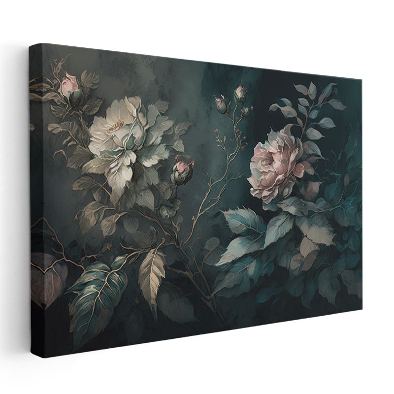 Fantastik Çiçek - Mavi ve Altın Tonlu Sanatsal Çiçek Tasarımı Kanvas Tablo