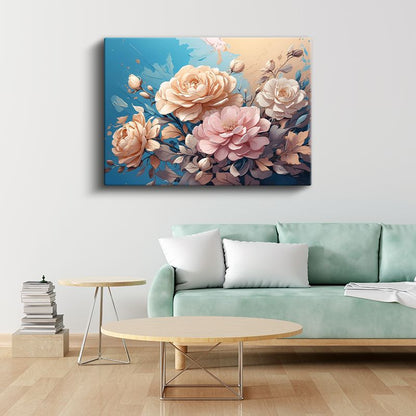 Mor Beyaz Çiçek - Altın Yapraklı Lüks Çiçek Tasarımı Kanvas Tablo