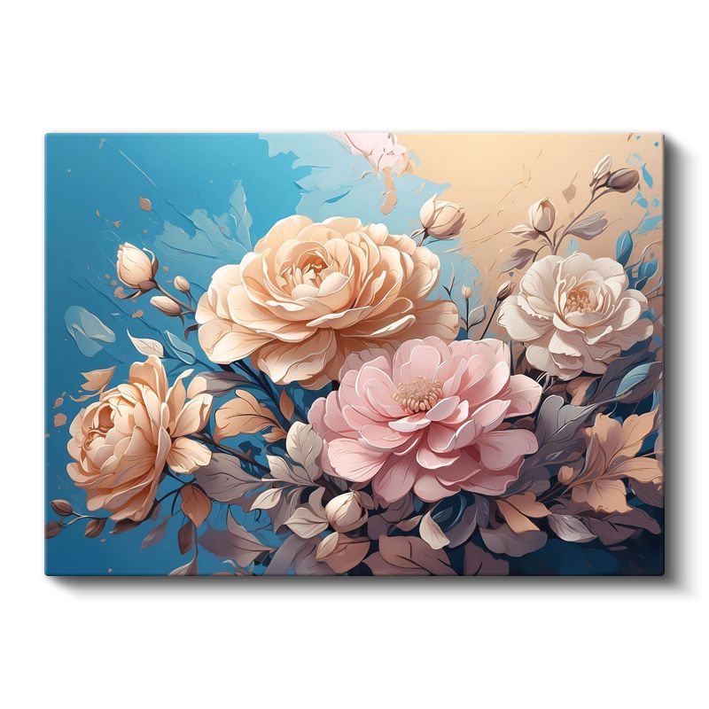 Mor Beyaz Çiçek - Altın Yapraklı Lüks Çiçek Tasarımı Kanvas Tablo