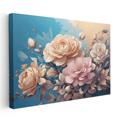 Mor Beyaz Çiçek - Altın Yapraklı Lüks Çiçek Tasarımı Kanvas Tablo