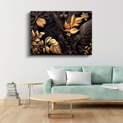 Sonbahar Dalları - Altın Yapraklı Minimalist Tasarım Kanvas Tablo