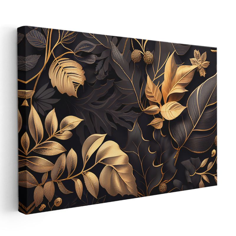 Sonbahar Dalları - Altın Yapraklı Minimalist Tasarım Kanvas Tablo