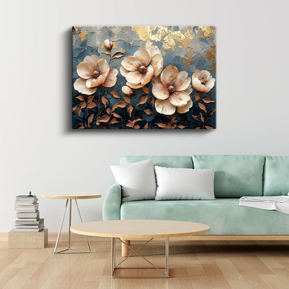 Mavi Altın Yapraklar - Sulu Boya Efektli Zarif Tasarım Kanvas Tablo