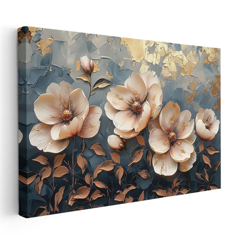 Mavi Altın Yapraklar - Sulu Boya Efektli Zarif Tasarım Kanvas Tablo