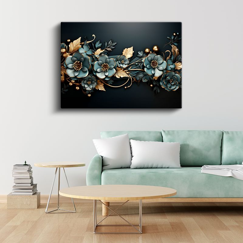Soyut Çiçekler - Yeşil Altın Tonlu Modern Tasarım Kanvas Tablo