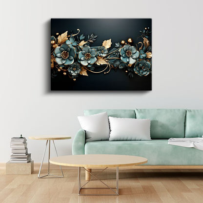 Soyut Çiçekler - Yeşil Altın Tonlu Modern Tasarım Kanvas Tablo