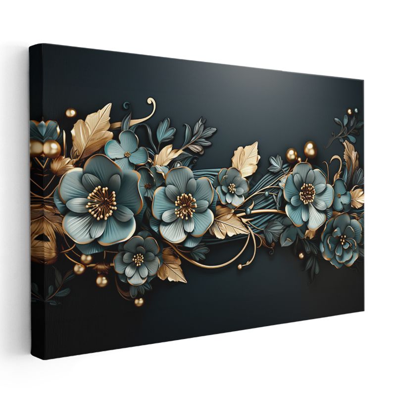 Soyut Çiçekler - Yeşil Altın Tonlu Modern Tasarım Kanvas Tablo