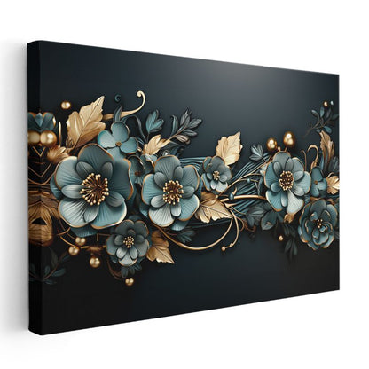 Soyut Çiçekler - Yeşil Altın Tonlu Modern Tasarım Kanvas Tablo
