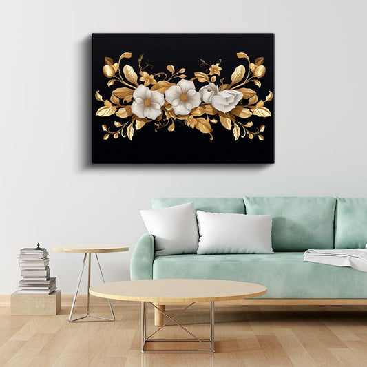 Turkuaz Çiçekler - Altın Yapraklı Zarif Kompozisyon Kanvas Tablo