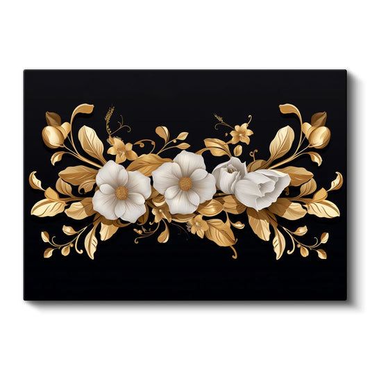 Turkuaz Çiçekler - Altın Yapraklı Zarif Kompozisyon Kanvas Tablo
