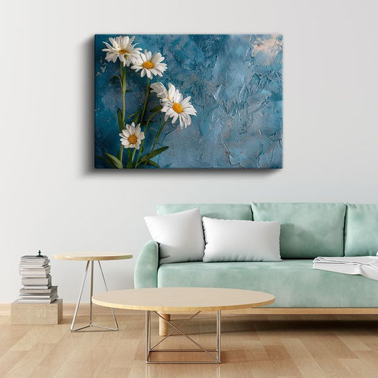 Mavi Altın Çiçekler - Sulu Boya Efektli Çiçek Deseni Kanvas Tablo