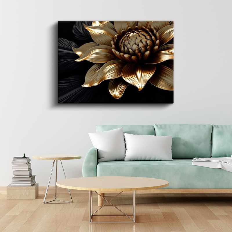 Altın Mavi Çiçekler - Krem Fonda Zarif Çiçek Aranjmanı Kanvas Tablo