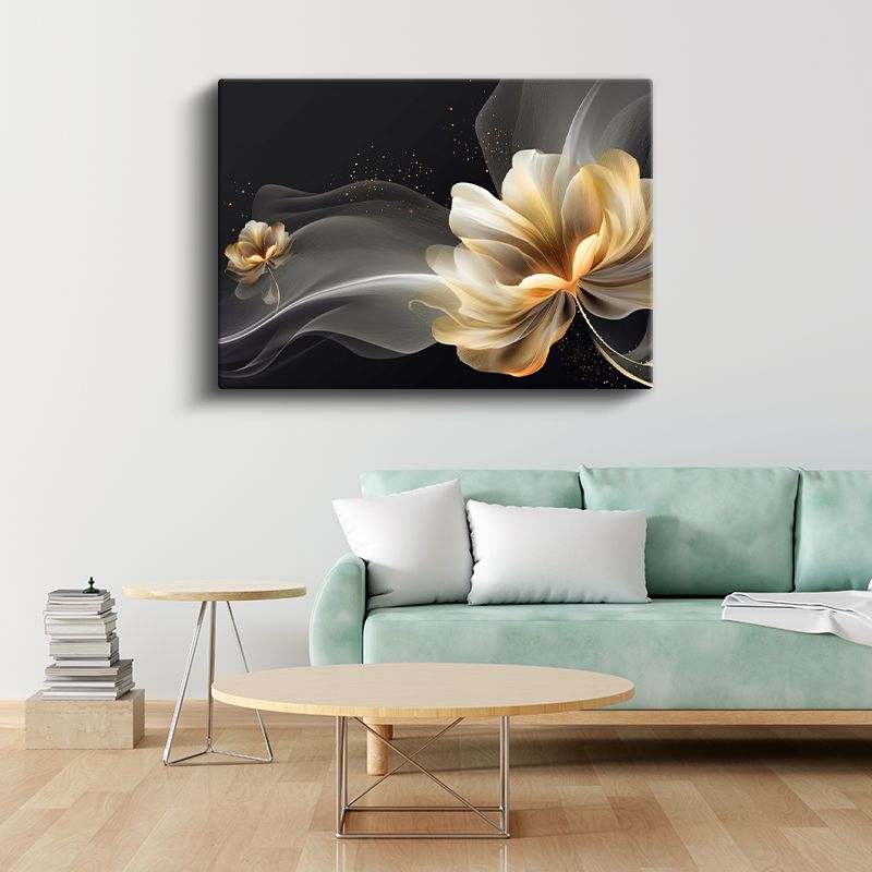 Kış Çiçekleri - Gri Fonda Beyaz Çiçek Dalları Kanvas Tablo