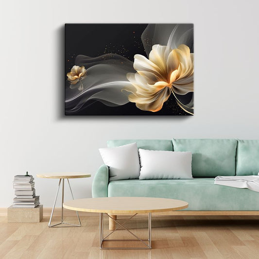 Kış Çiçekleri - Gri Fonda Beyaz Çiçek Dalları Kanvas Tablo