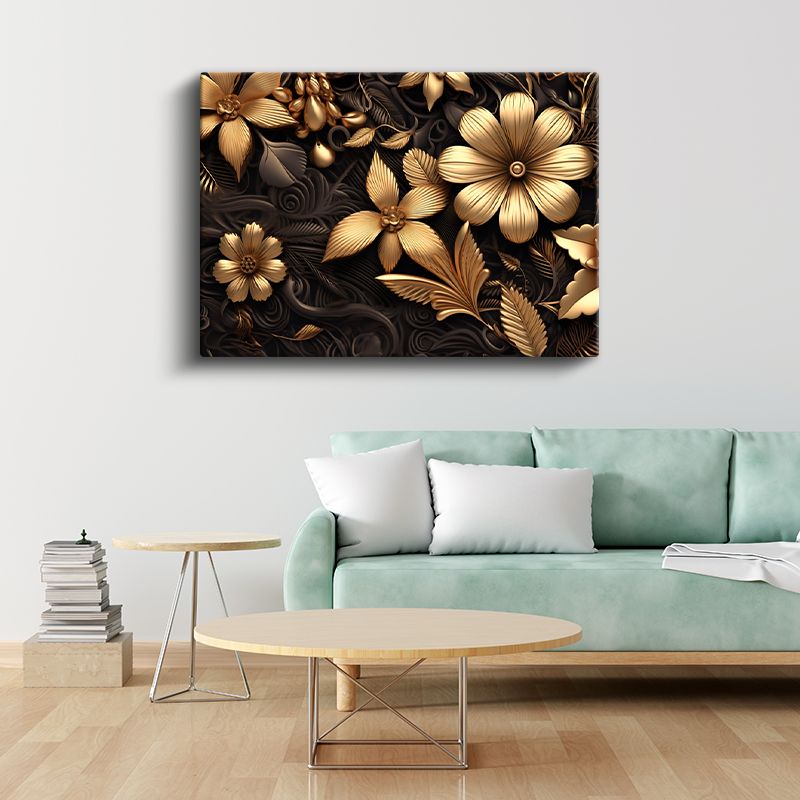 Zümrüt Çiçekler - Altın Detaylı Lüks Çiçek Deseni Kanvas Tablo