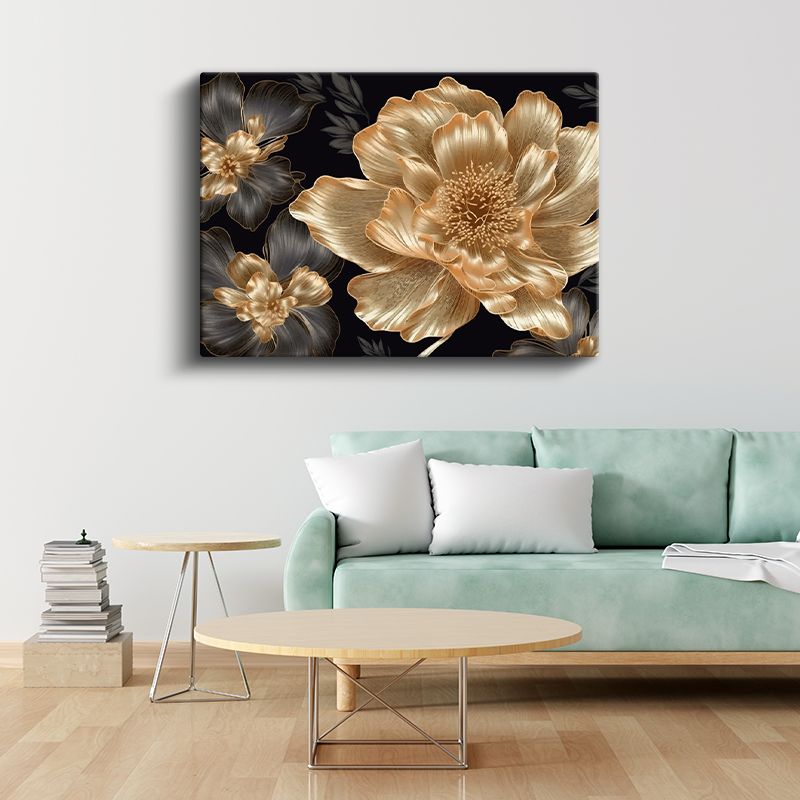 Altın Yapraklar - Krem Fonda Mavi Çiçek Kompozisyonu Kanvas Tablo