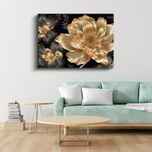 Altın Yapraklar - Krem Fonda Mavi Çiçek Kompozisyonu Kanvas Tablo