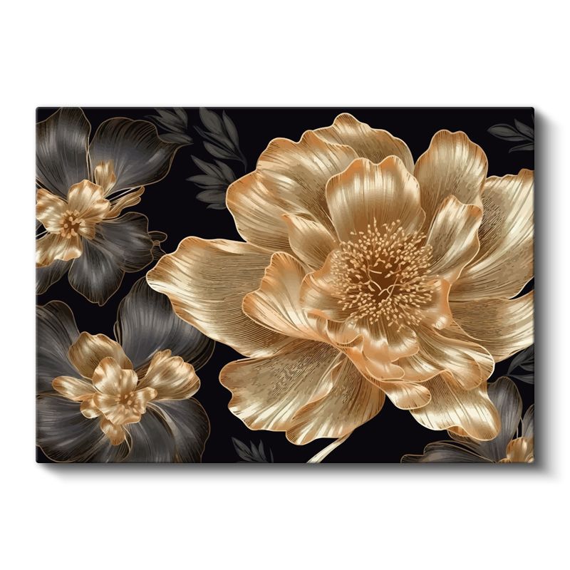 Altın Yapraklar - Krem Fonda Mavi Çiçek Kompozisyonu Kanvas Tablo