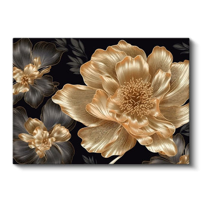 Altın Yapraklar - Krem Fonda Mavi Çiçek Kompozisyonu Kanvas Tablo