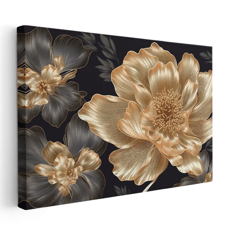 Altın Yapraklar - Krem Fonda Mavi Çiçek Kompozisyonu Kanvas Tablo