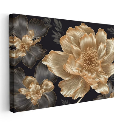 Altın Yapraklar - Krem Fonda Mavi Çiçek Kompozisyonu Kanvas Tablo